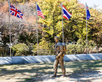 Full length of flags on tree trunk