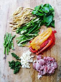 High angle view of chopped vegetables on table