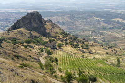 High angle view of land and mountains