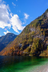 Scenic view of lake and mountains against sky