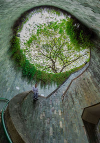 High angle view of people by wall