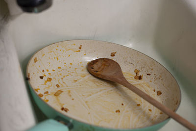 High angle view of bread in bowl on table