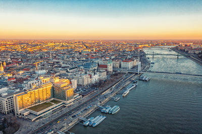 High angle view of cityscape against sky during sunset