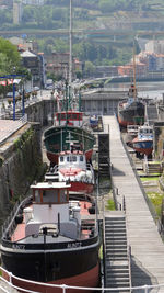 High angle view of boats moored at harbor