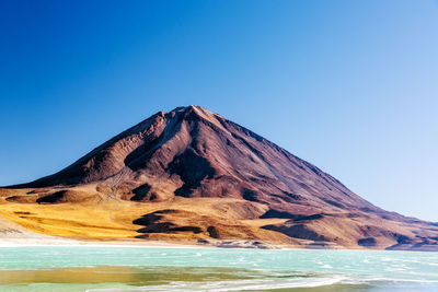 Scenic view of river and mountain against clear blue sky