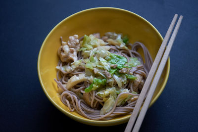 Close-up of noodles in bowl on table