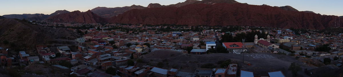 High angle view of houses against sky