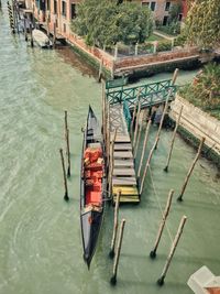 High angle view of wooden post in river