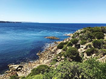 Scenic view of sea against clear blue sky