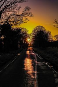 Wet road by trees against sky during sunset