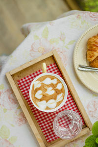 High angle view of coffee on table