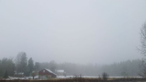 Houses by trees against sky during winter