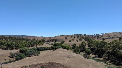 Scenic view of landscape against clear blue sky