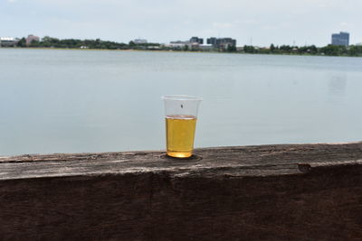 Close-up of beer glass on table