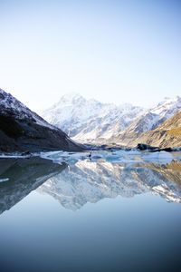 Scenic view of lake by mountains against clear sky