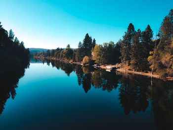 Scenic view of lake against clear blue sky