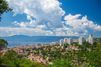 High angle view of buildings in city against sky