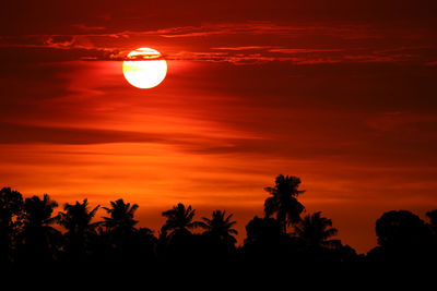 Scenic view of silhouette trees against orange sky