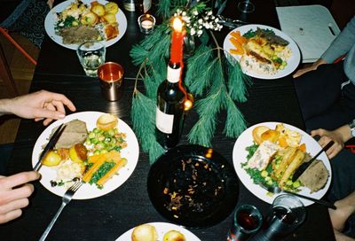 High angle view of food served on table