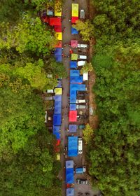 Aerial view of market amidst trees
