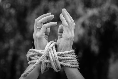 Close-up of people tied up rope