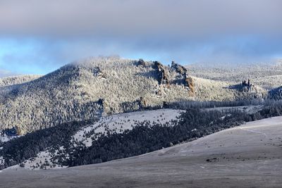 Scenic view of snow covered land against sky