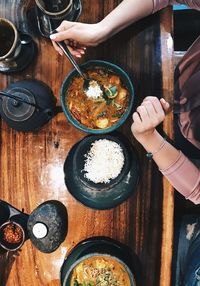 High angle view of people having food