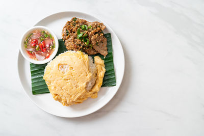 High angle view of food in plate on table