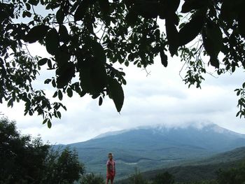 Scenic view of tree mountains against sky