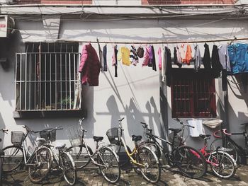 Bicycles hanging in room