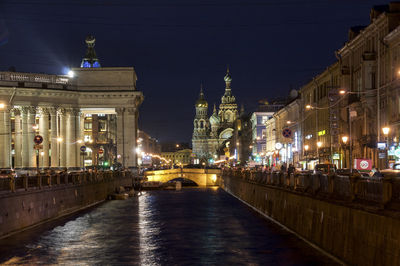 Bridge over river in city at night