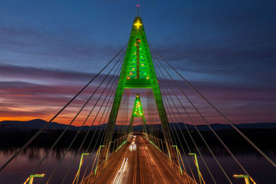 Illuminated bridge against sky during sunset