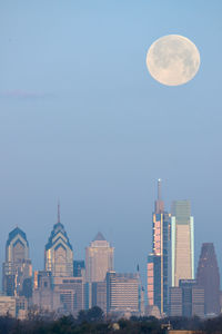 Modern buildings in city against clear sky