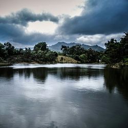 Scenic view of lake against cloudy sky