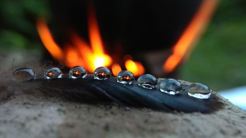 Close-up of burning candles on wood