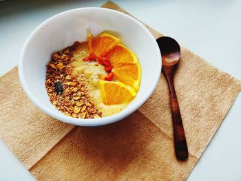 High angle view of breakfast served on table
