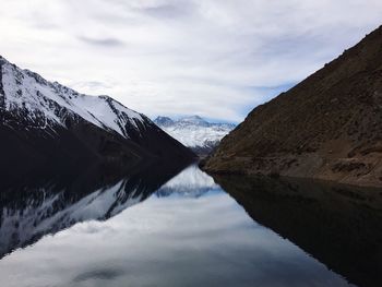 Scenic view of lake and snowcapped mountains against sky