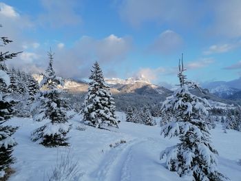 Scenic view of snow covered mountains against sky