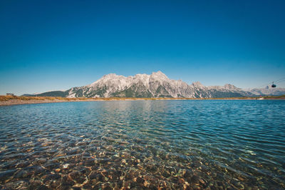 Scenic view of sea against clear blue sky