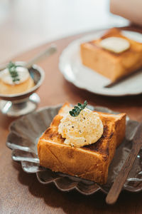 Close-up of dessert in plate on table