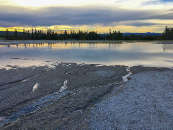 Scenic view of beach against sky during sunset
