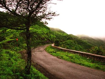 Road amidst trees and landscape against sky