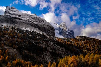 Low angle view of snowcapped mountain against sky