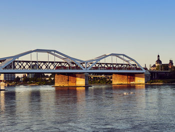 Bridge over river with buildings in background