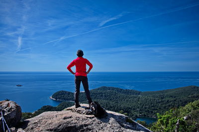 Rear view of man standing on rock by sea against sky