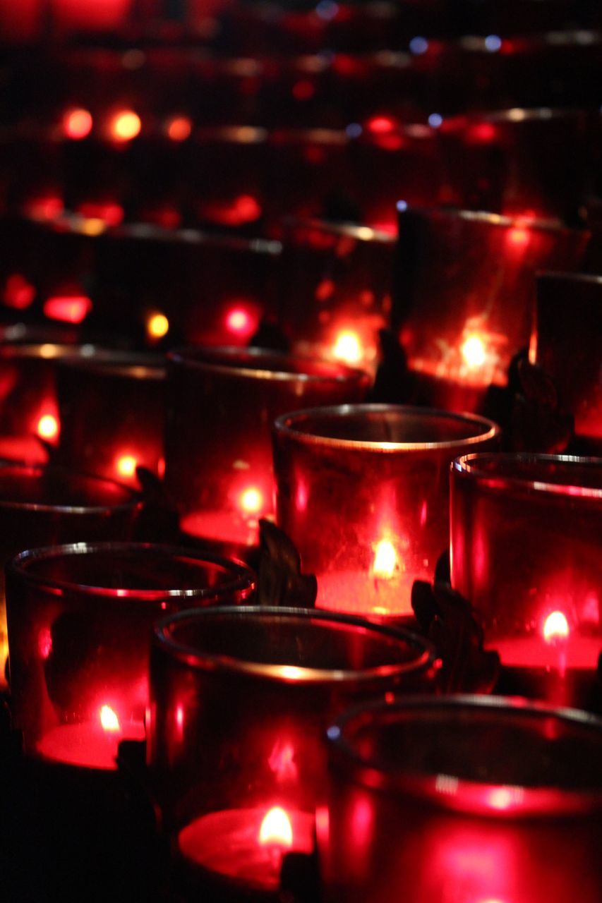 indoors, red, flame, candle, illuminated, close-up, burning, heat - temperature, food and drink, still life, fire - natural phenomenon, table, tea light, focus on foreground, glowing, selective focus, candlelight, glass - material, no people, in a row