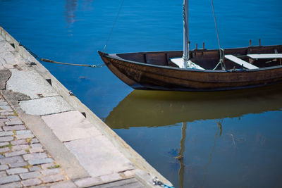 Boat moored on sea shore