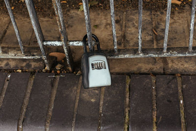 Close-up of padlocks hanging on wall