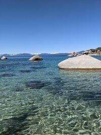 Scenic view of sea against clear blue sky