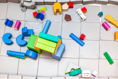 High angle view of toys on table